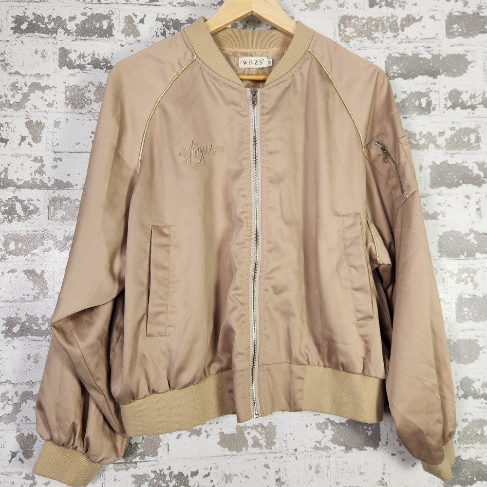 WRZS Women's Tan Satin Bomber Jacket Medium‎ Vogue Embroidery Beige Flight Coat